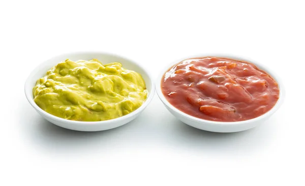 Sauces in bowl. Guacamole and tomato dip isolated on white backg — Stok Foto