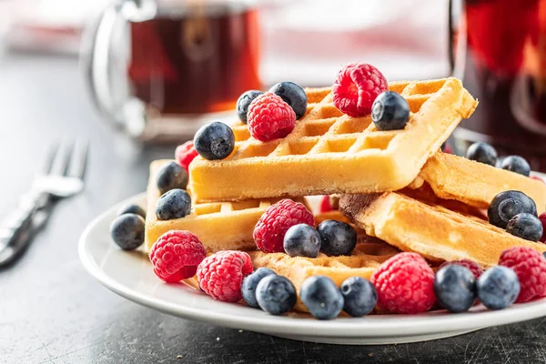 Waffles with blueberries and raspberries. — Stock Photo, Image