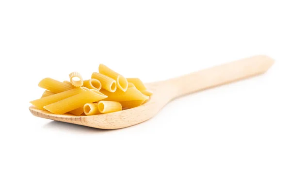 Uncooked Penne Pasta Dried Italian Pasta Wooden Spoon Isolated White — Stock Photo, Image