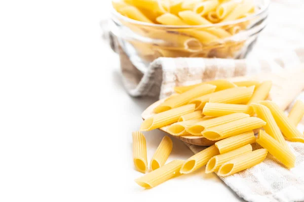 Uncooked Penne Pasta Checkered Napkin Dried Italian Pasta Isolated White — Stock Photo, Image