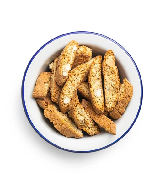 Galletas Cantuccini Italiano Dulce Galletas Almendras Tazón Aislado Sobre Fondo — Foto de Stock