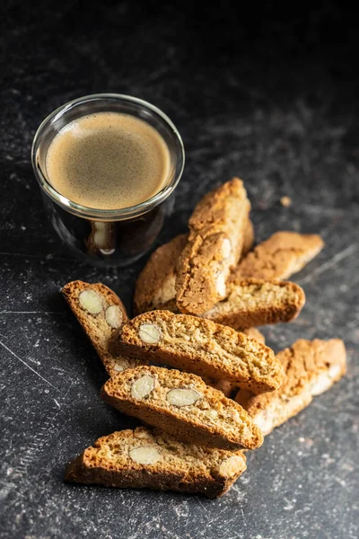 Sweet Italian Cantuccini Cookies Almonds Biscuits Coffee Cup Black Table — Stock Photo, Image