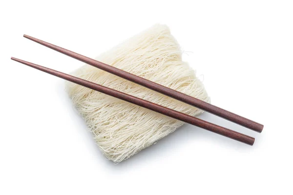 Uncooked White Rice Noodles Chopsticks Isolated White Background — Stock Photo, Image