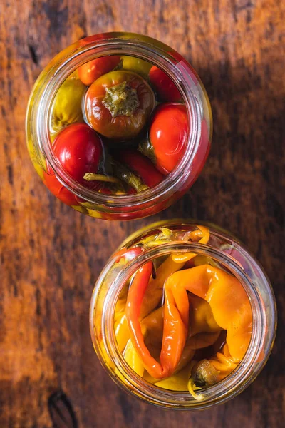 Pickled Chili Peppers Jar Wooden Table Top View — Stock Photo, Image