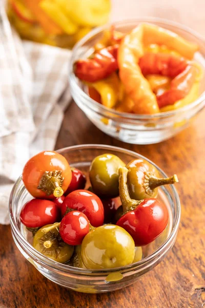 Pickled Chili Peppers Glass Bowl — Stock Photo, Image