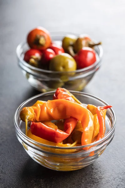 Pickled Chili Peppers Glass Bowl — Stock Photo, Image