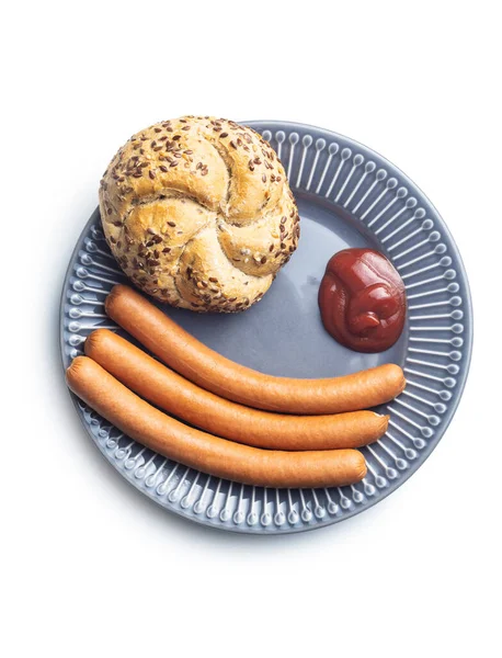 Frische Frankfurter Würstchen Mit Brötchen Und Ketchup Auf Teller Isoliert — Stockfoto
