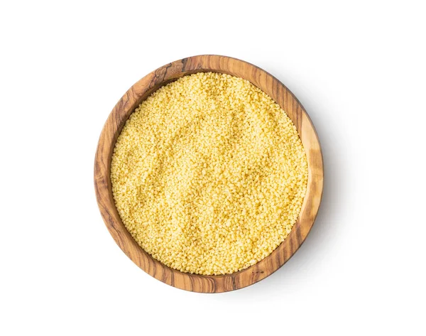 Couscous Giallo Secco Ciotola Isolato Fondo Bianco — Foto Stock