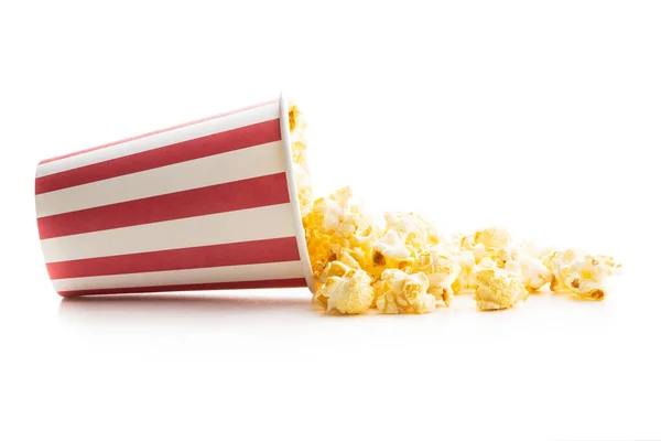 Słodki Popcorn Pasiastym Papierowym Kubku Izolowany Białym Tle — Zdjęcie stockowe