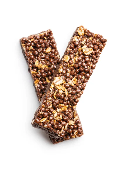 Chocolate cereal bars. Tasty protein bars isolated on white background.