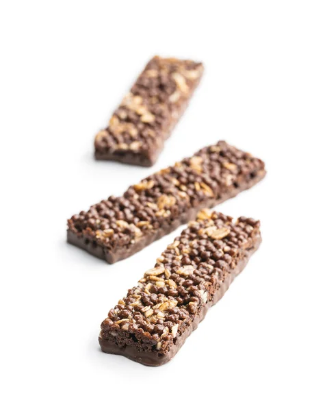 Chocolate Cereal Bars Tasty Protein Bars Isolated White Background — Stock Photo, Image