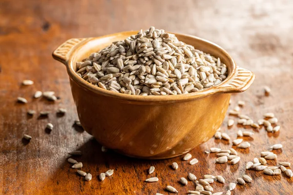 Peeled Sunflower Seeds Bowl Wooden Table — Stock Photo, Image