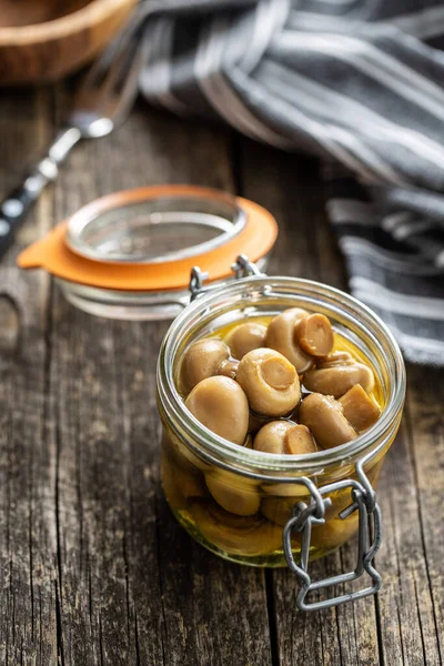 Pickled Champignons Marinated Mushrooms Jar Wooden Table — Stock Photo, Image