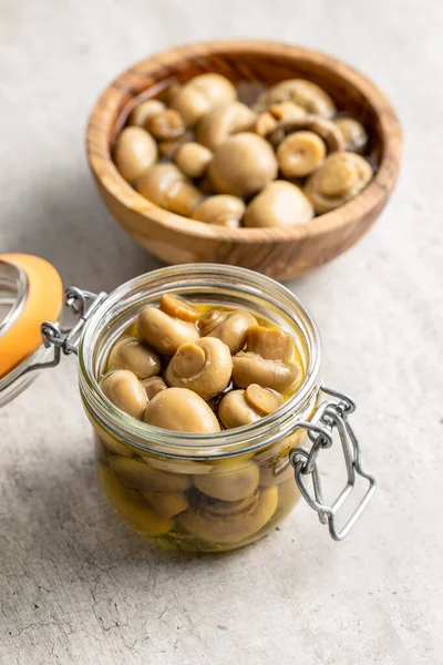 Pickled Champignons Marinated Mushrooms Jar — Stock Photo, Image