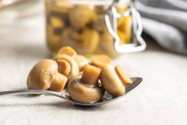 Pickled Champignons Marinated Mushrooms Kitchen Table — Stock Photo, Image