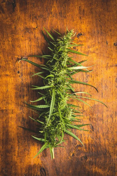 Marihuana Knospenblüten Aus Cannabis Auf Einem Holztisch Ansicht Von Oben — Stockfoto