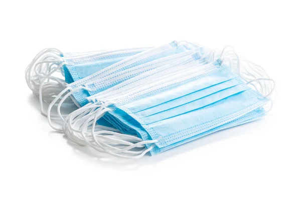 Blauwe Papieren Gezichtsmaskers Geïsoleerd Witte Achtergrond Bescherming Van Het Coronavirus — Stockfoto