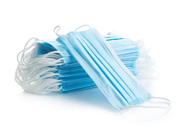 Синие Бумажные Маски Белом Фоне Защита Вирусов Corona — стоковое фото