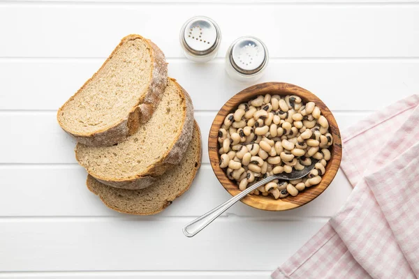 Marinated Black Eyed Beans Bowl Bread White Table Top View — Stock Photo, Image