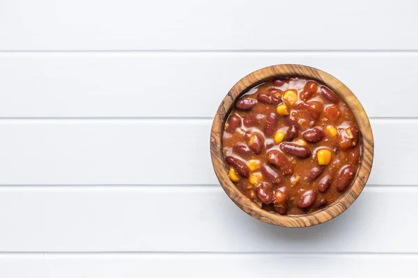 Chili Con Carne Mexicaans Eten Met Bonen Houten Kom Witte — Stockfoto