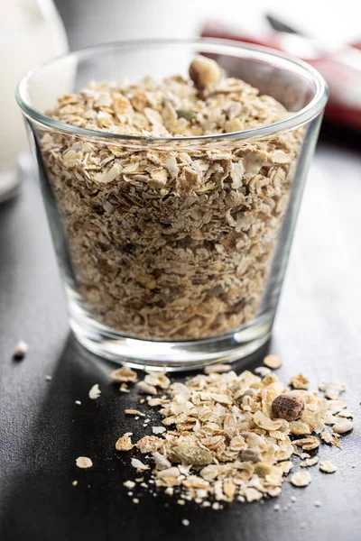 Muesli Cereals Healthy Breakfast Oats Flakes Black Table — Stock Photo, Image