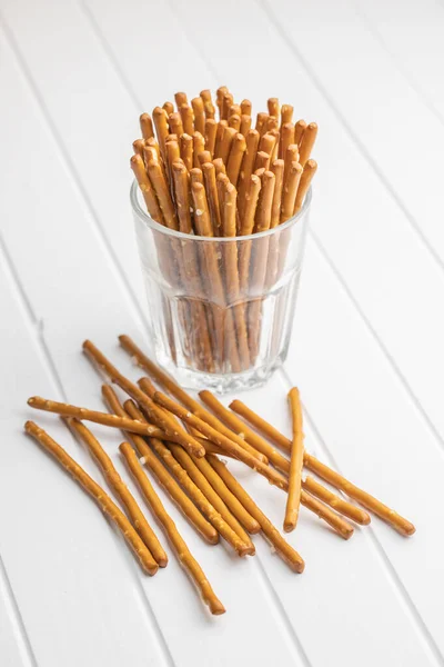 Salty Sticks Crunchy Pretzels White Table — Stock Photo, Image