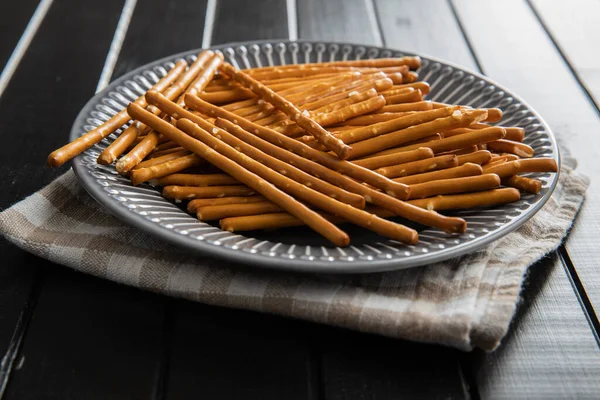 Salty Sticks Crunchy Pretzels Plate — Stock Photo, Image