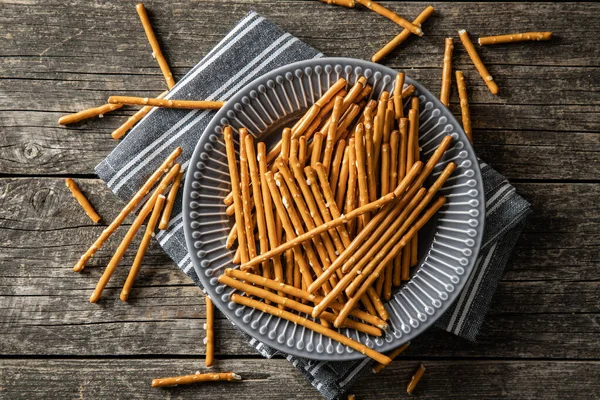 Salty Sticks Crunchy Pretzels Plate Top View — Stock Photo, Image