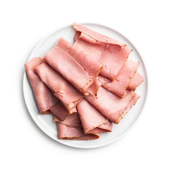 Daging Sapi Ham Diiris Piring Yang Diisolasi Pada Latar Belakang — Stok Foto