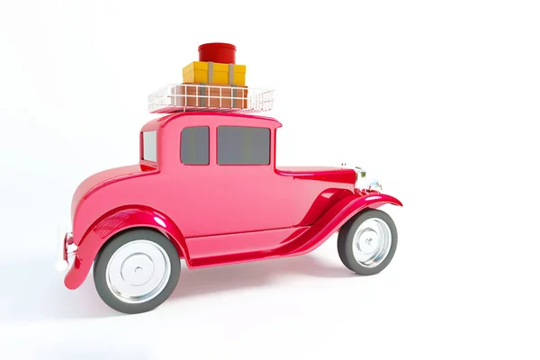 Червоний Старий Автомобіль Валізою Багажній Полиці Відпустка Ізольовані Білому Тлі — стокове фото