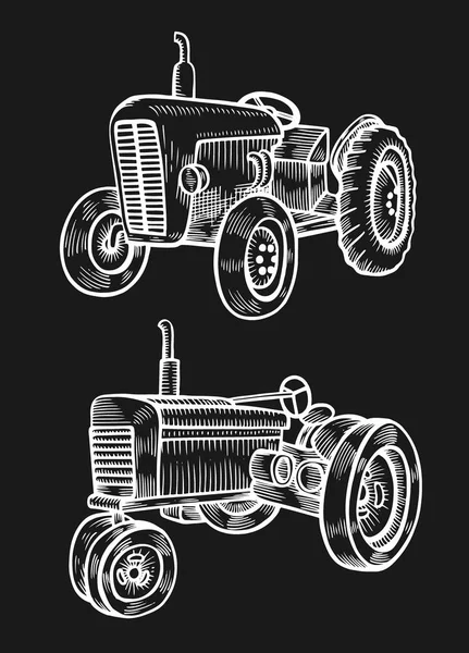 Trattore Ruote Stile Vintage Inciso Illustrazione Disegnata Mano Vettoriale Isolata — Vettoriale Stock