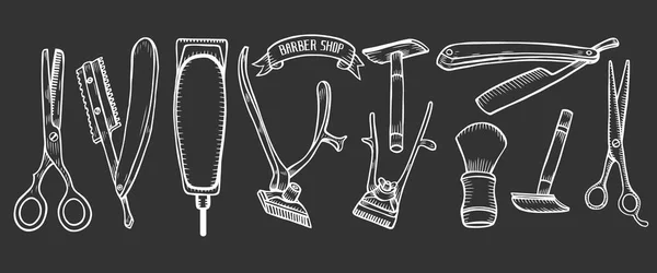 Vector Barbershop Vintage Collection Barber Stylist Tools Set Hand Drawn — Stock Vector