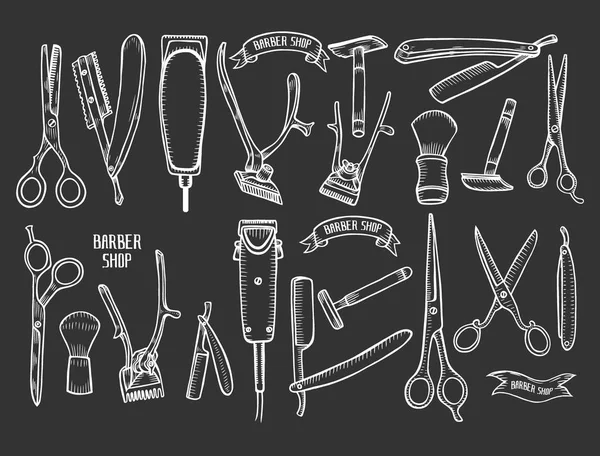Vector Barbershop Vintage Collection Barber Stylist Tools Set Hand Drawn — Stock Vector