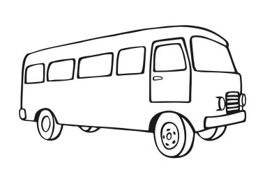 Kroki Retro seyahat van simgesi. Vintage seyahat araba. Eski klasik kamp minibüs. Retro hippi otobüs. Beyaz arka plan üzerinde izole düz tasarım vektör çizim.