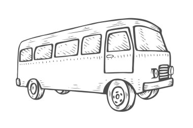 oyma Retro seyahat van simgesi. Vintage seyahat araba. Eski klasik kamp minibüs. Retro hippi otobüs. Beyaz arka plan üzerinde izole düz tasarım vektör çizim.