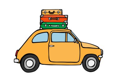 Sarı eski araba ile seyahat. Vektör çizim.