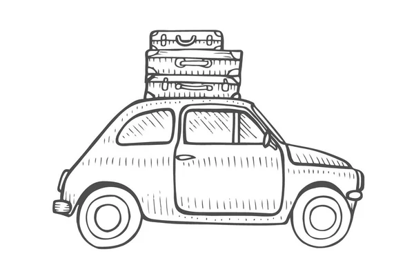 Viajar Carro Velho Ilustração Vetorial Gravura Desenhada Mão —  Vetores de Stock