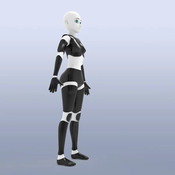 Robotic woman with real face. Futuristic silver robotic woman in front angle, 3d rendering