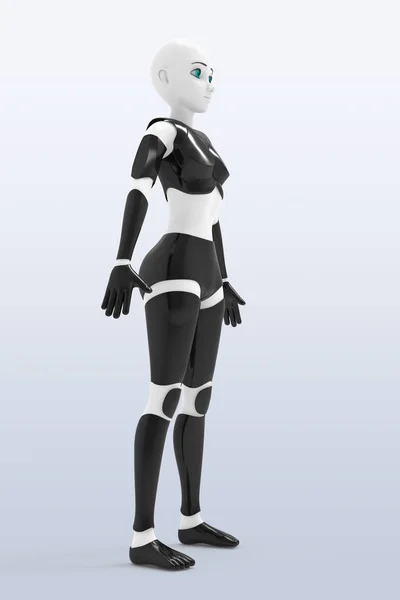 Robotic woman with real face. Futuristic silver robotic woman in front angle, 3d rendering