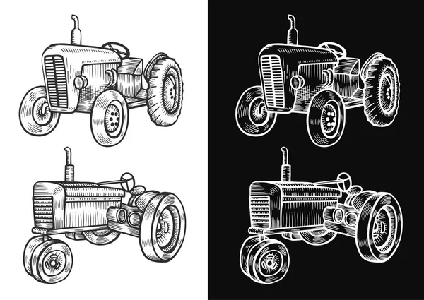 Tractor Ruedas Estilo Grabado Vintage Ilustración Dibujada Mano Aislada Sobre —  Fotos de Stock