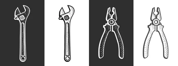 Hand Getekend Set Van Tools Tangen Verstelbare Moersleutel Gravure Doodle — Stockfoto