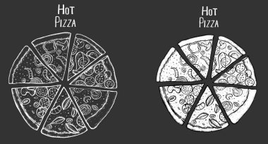Tek renkli İtalyan Pizza elle çizilmiş şekil. Pizza dilimleri bir daire içinde. Ambalaj tasarım şablonu. İllüstrasyon kroki. Siyah izole