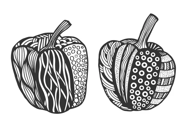 Set Vector Monocromo Pimiento Decorativo Con Hermoso Patrón Verduras Ornamentadas — Vector de stock