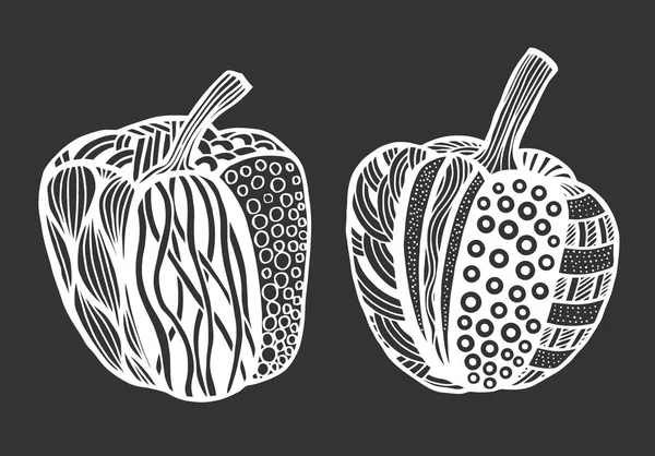 美しいパターンを持つベクトル白黒装飾的なピーマンのセットです 手描き華やかな野菜 — ストックベクタ