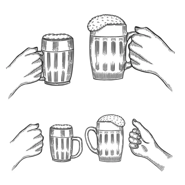 Hand holding a full glass of beer,  illustration sketch by hand, isolation on a white background male hand with a mug of foamy golden beer, the concept of time to drink alcohol