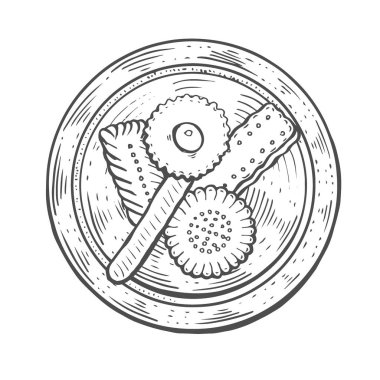 elle çizilmiş. Oryantal tatlılar illüstrasyon vektör. Orta Doğu mutfağı. Yemek menü arka plan. Üstten Görünüm. Monochrom tasarım şablonu.