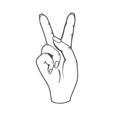 Kız el hareketi. V veya zafer parmaklar işaret. Beyaz arka plan üzerinde izole el çizilmiş kroki, siyah. Kadın V işareti el özgürlük ve savaş yok. Vektör.