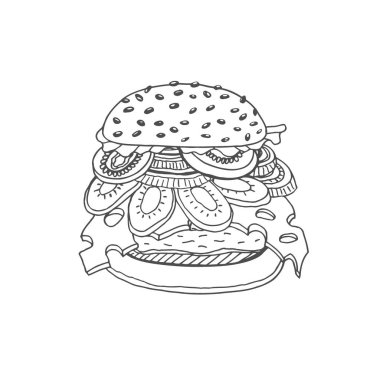 El çizimi hamburger çekilmiş. Elle çizilmiş illüstrasyon