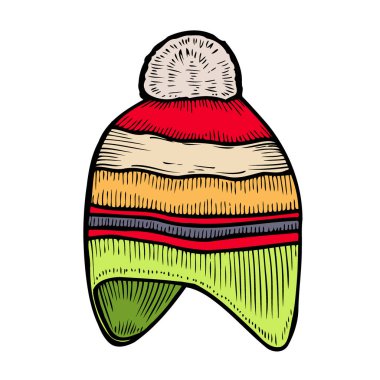 Karikatür tarzı beyaz bir arka plan üzerinde renkli örgü şapka simgesini