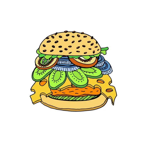 Цветной Рисунок Руки Гамбургер Изолированный Белом — стоковый вектор